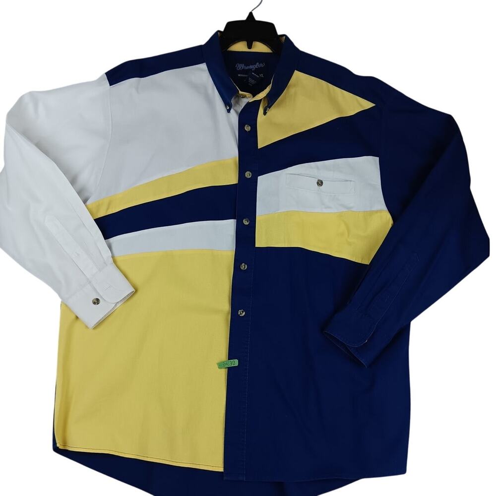 Vintage Wrangler Button Down Shirt Mens XL‎ Yellow/Blue Colorblock Western Dress